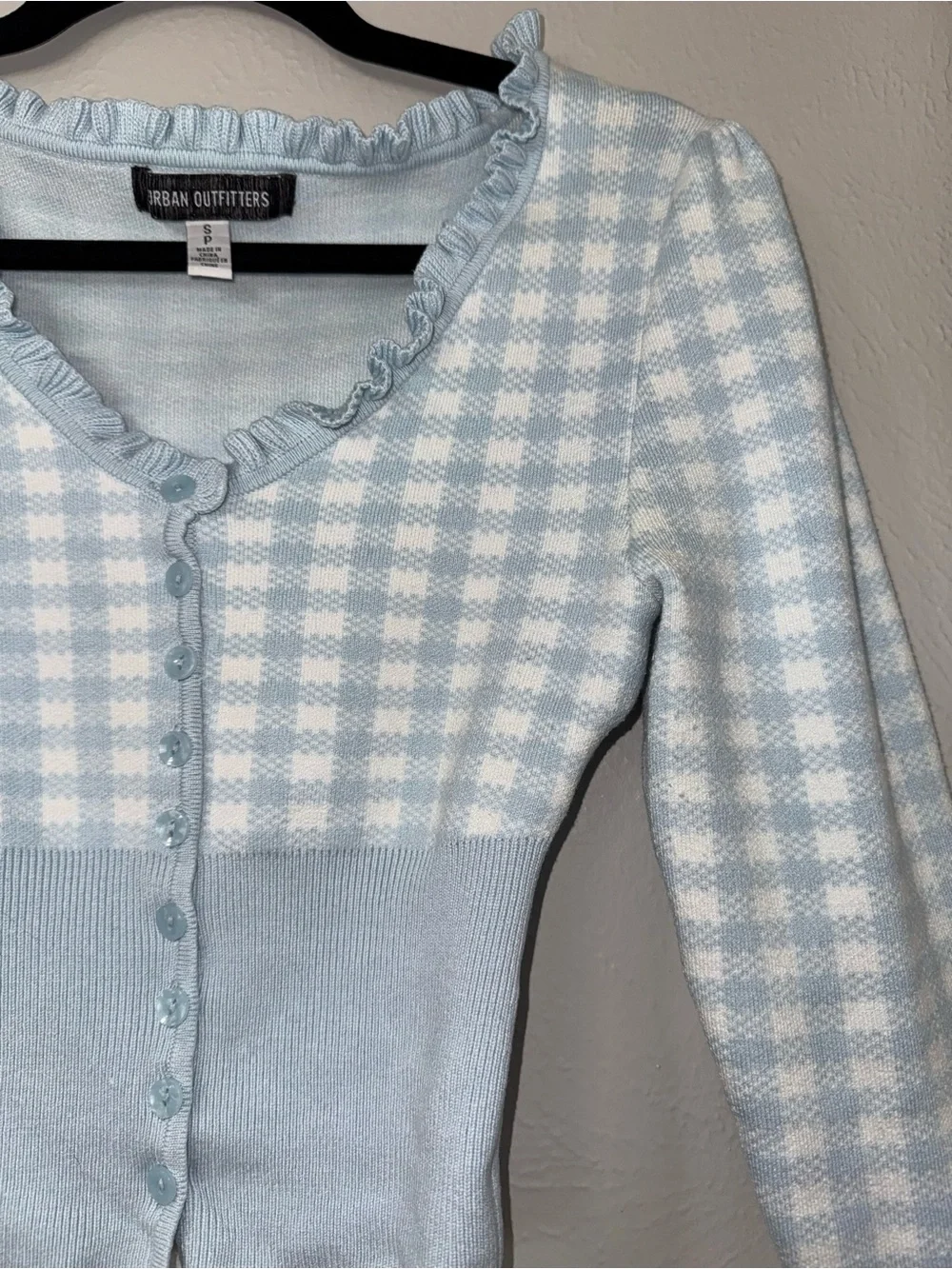 Urban Outfitters Light Blue Gingham Ruffle Trim Cardigan Cottage Core